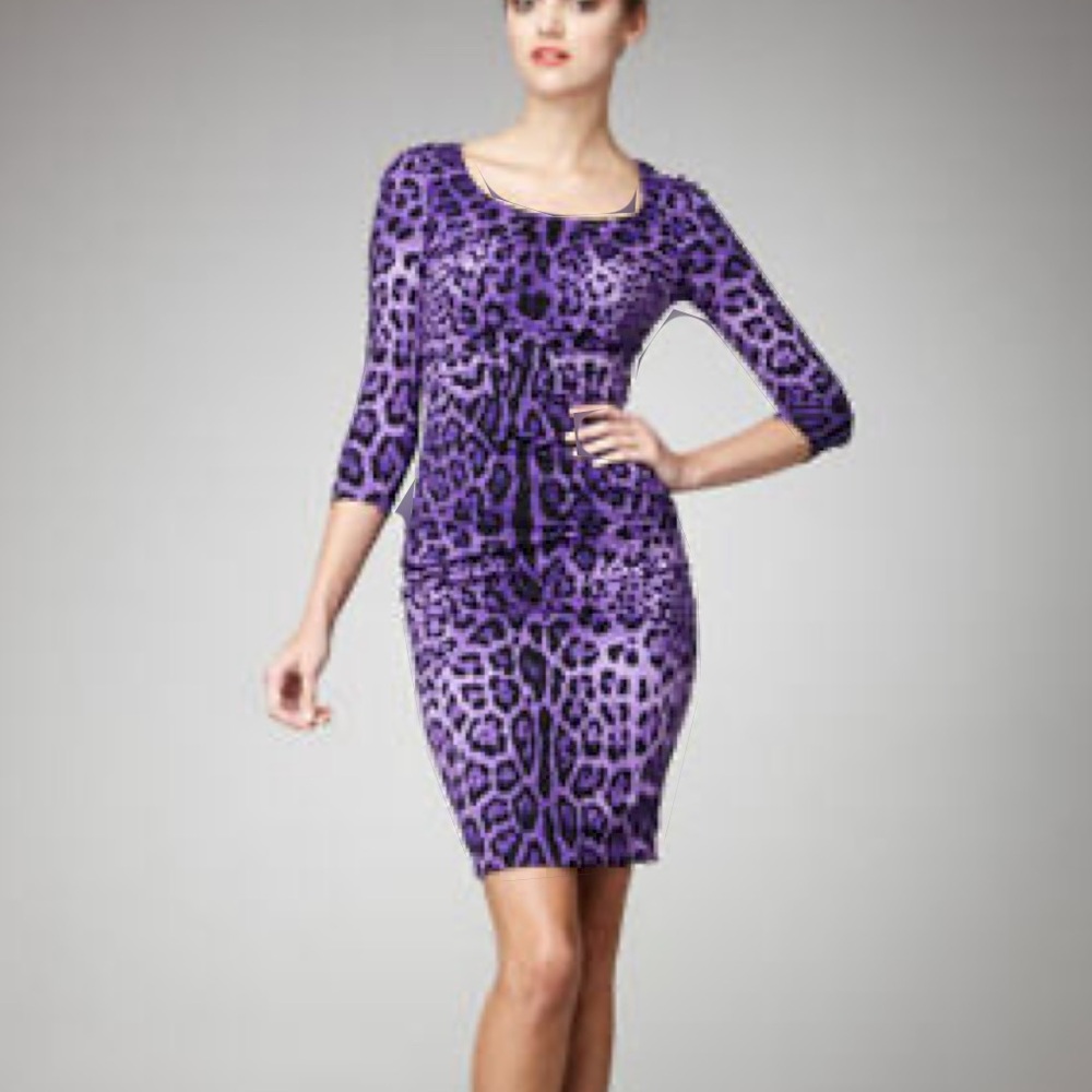 Vintage Dolce & Gabbana Purple Animal Print Silk Ruched Dress XS Midi Sleeves